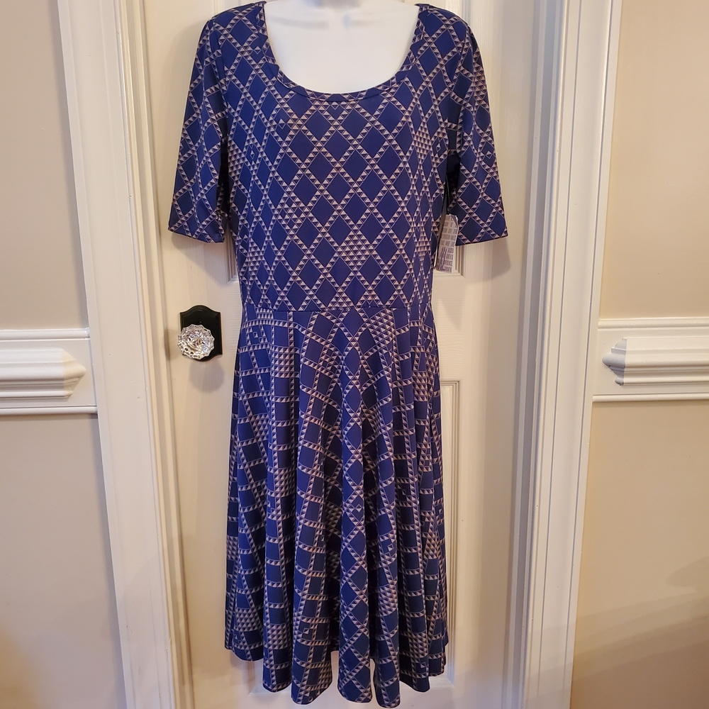 LuLaRoe Nicole Blue and White Geometric Midi Dress